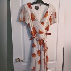 Vintage Kay Unger - Cream with Tangerine Tulips Wrap Dress Ladies Size 14